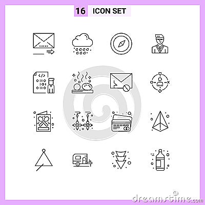 Group of 16 Outlines Signs and Symbols for development, coding, compass, student, user Vector Illustration