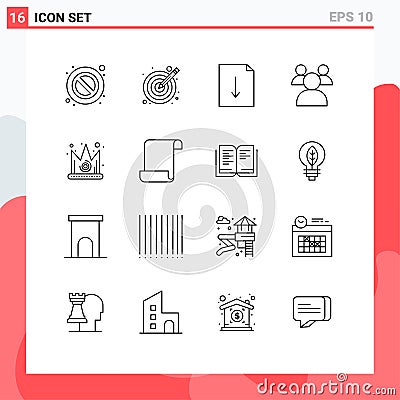 Group of 16 Outlines Signs and Symbols for document, gras, download, crown, teachers Vector Illustration