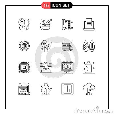 Stock Vector Icon Pack of 16 Line Signs and Symbols for globe, data, rug, management, mail Vector Illustration