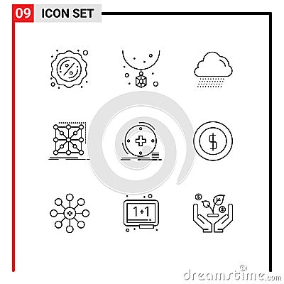 9 Universal Outlines Set for Web and Mobile Applications health, clinical, rain, complex, app Vector Illustration