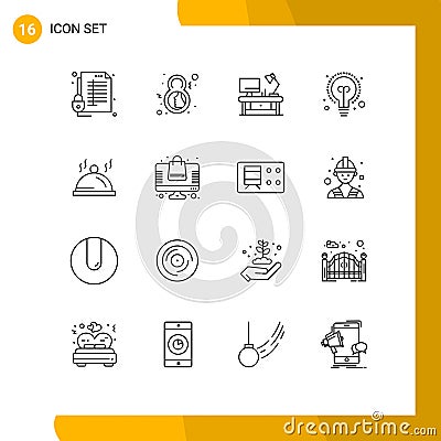 Group of 16 Outlines Signs and Symbols for hotel, education, symbol, bulb, office table Vector Illustration