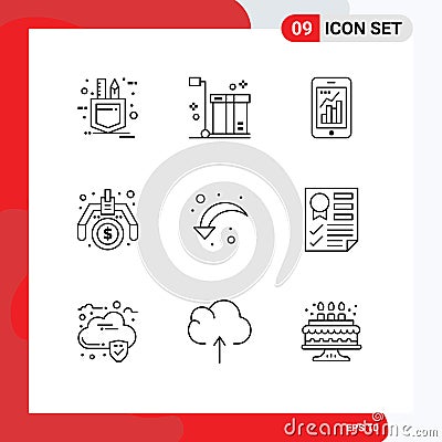 Group of 9 Outlines Signs and Symbols for idea, making, product, financial, mobile Vector Illustration