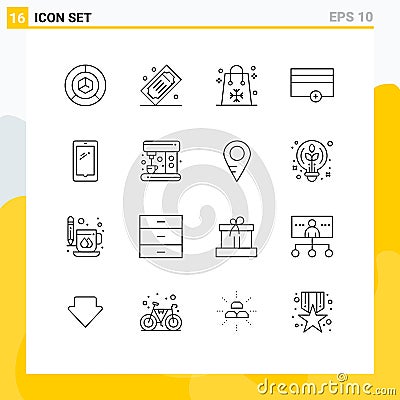 Group of 16 Outlines Signs and Symbols for payments, finance, theater tickets, shopping, halloween Vector Illustration