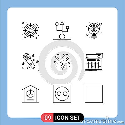 Group of 9 Outlines Signs and Symbols for pills, music, idea, microphone, solution Vector Illustration