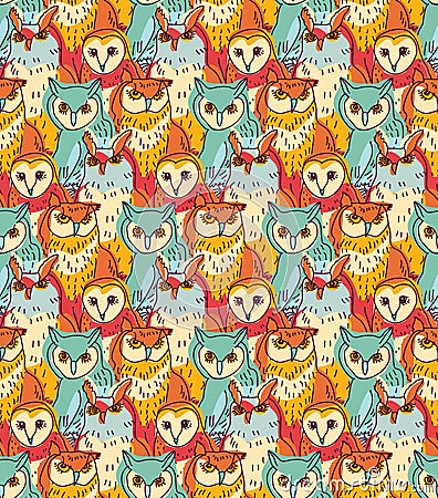 Group owl color seamless pattern Vector Illustration