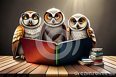 Group Owls Reading Book In Class, Wisdom And Knowledge Concept. Generative AI Stock Photo