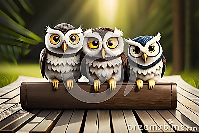 Group Owls Reading Book In Class, Wisdom And Knowledge Concept. Generative AI Stock Photo