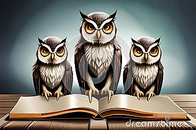 Group Owls Reading Book In Class, Wisdom And Knowledge Concept. Generative AI Stock Photo