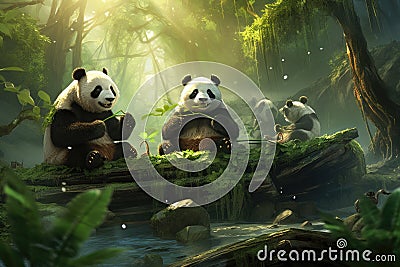 A group of panda bears peacefully sitting atop a lush green forest, A pandas lounging and eating bamboo in a green forest, AI Stock Photo