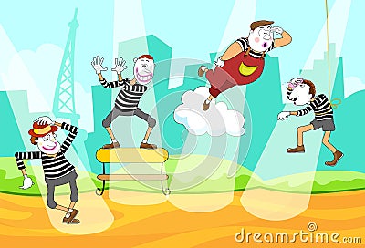 A group of pantomime on the street of Paris Vector Illustration