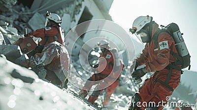A group of paramedics in a simulated earthquake scenario navigating through rubble and using virtual tools to rescue Stock Photo