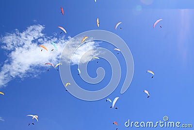 A group of paratroopers fly paragliding over the Italian Alps Stock Photo