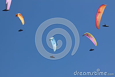 A group of paratroopers fly paragliding over the Italian Alps Editorial Stock Photo