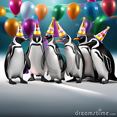A group of penguins in party hats and tuxedos, raising their flippers as they count down to the New Year5 Stock Photo