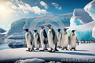 Group of penguins standing next to each other on ice floet with iceberg in the background. Generative AI Stock Photo
