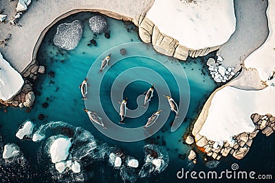 Group of penguins swimming. Drone view. Generative AI. Stock Photo