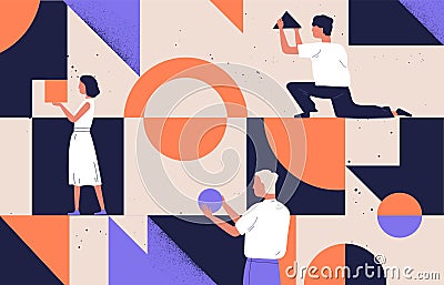 Group of people arranging abstract geometric shapes. Men and women holding figures - circle, square, triangle. Concept Vector Illustration