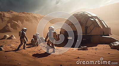 Group of people in astronaut suits on the surface of Mars. In the background, we can see the planet's landscape. Stock Photo