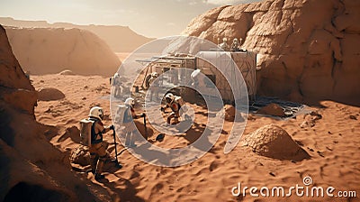 Group of people in astronaut suits on the surface of Mars. In the background, we can see the planet's landscape. Stock Photo