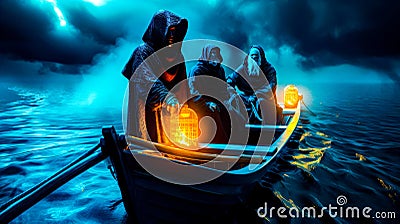 Group of people in boat on body of water at night. Generative AI Stock Photo
