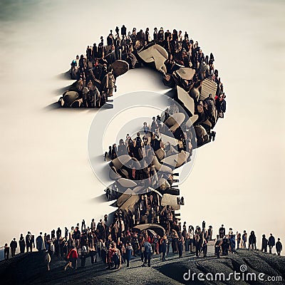 Group of people building a question mark, searching for answers, thoughts for solving a problem, having doubts Stock Photo