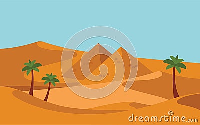 Group of People with Camels Caravan Riding in Realistic Wide Desert Sands in Middle East. Vector Illustration