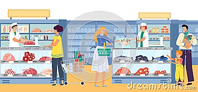 Group of people character together buy meat product in butcher store, local supermarket with organic mince fish flat Vector Illustration