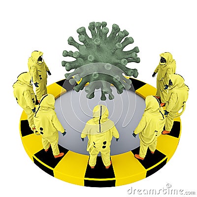 Group of people in chemical protective suits surrounded the coronavirus bacterium Stock Photo