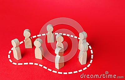 A group of people is circled in dotted line. Grouping people, teaming up. Society and community concept. Target audience Stock Photo