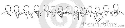 Group of people continuous one line vector drawing. Crowd standing at concert, meeting. Vector Illustration
