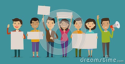 Group of people or crowd cheers carrying signs. Event, fan club, demonstration concept. Cartoon vector illustration Vector Illustration