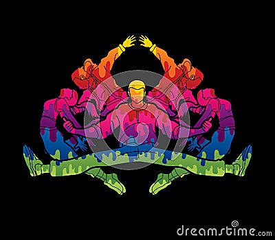 Group of people dancing, Dancer action, Street dance team, Hip hop or B boy dance graphic vector. Vector Illustration