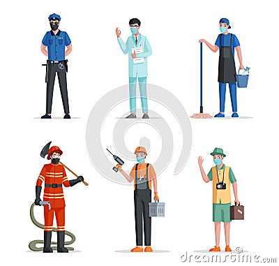 Group of people of different professions. Police officer, doctor, scientist, janitor, fireman, repairman, and traveler. Vector Illustration