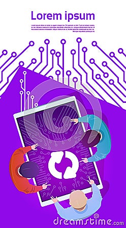 Group Of People At Digital Tablet Updating Software System Programmers Team Vector Illustration