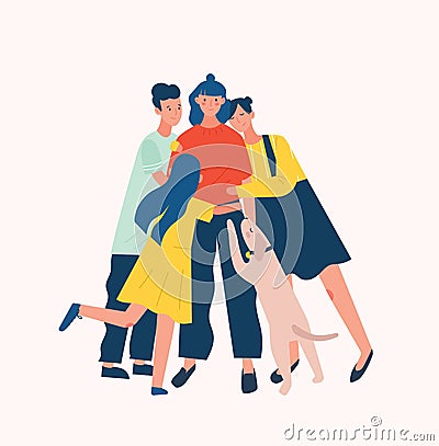 Group of people and dog surrounding and hugging or embracing young woman. Friends` support, care, love and acceptance Vector Illustration