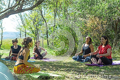 Group of people doing yoga exercise in the park, womans relaxing in the park Stock Photo