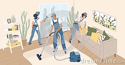 Group of people dressed in uniform making cleanup of room. Team of cleaning service workers, home cleaners or Vector Illustration