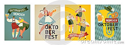 Group Of People Drink Beer Oktoberfest Party Celebration Man And Woman Wearing Traditional Clothes couples dance Vector Illustration