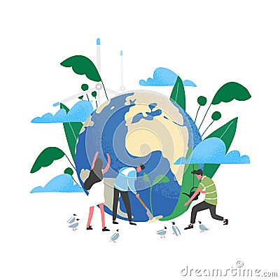 Group of people or ecologists taking care of Earth and saving planet. Environmental protection, use of eco friendly or Vector Illustration