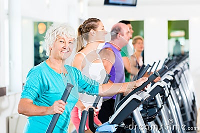 Group of people on elliptical trainer exercising in gym Stock Photo