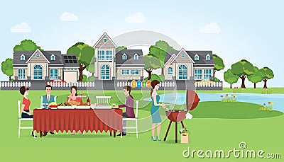 Group of people enjoying party barbecue picnic. Vector Illustration