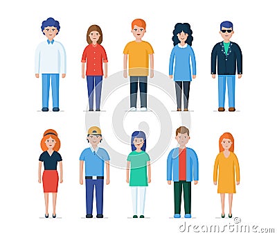 Group of people in everyday casual clothes. Young guys and girls characters. Men and women flat vector illustration Cartoon Illustration