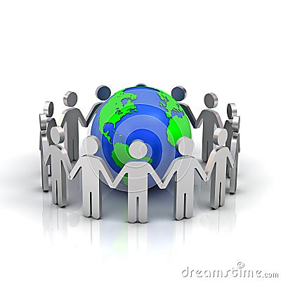 Group of people forming circle around the world Stock Photo