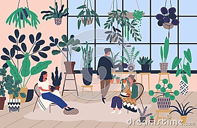 Group of people or friends spending time at greenhouse or home garden with plants growing in pots. Young men and women Vector Illustration