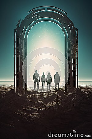 A group of people in front of an old door in another universe. Stock Photo