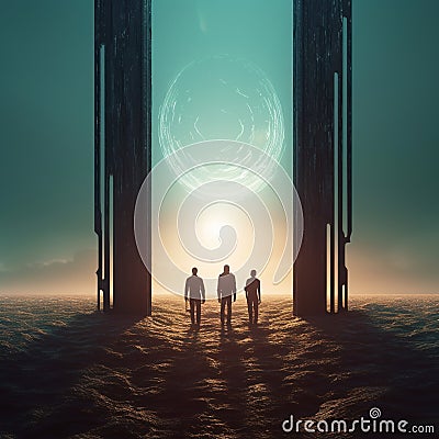 A group of people in front of an old door in another universe. Stock Photo