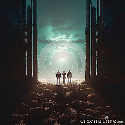 A group of people in front of an old door in another universe. Stock Photo