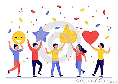 Group of people give rate, feedback, opinion, vote. Man and woman choice, rank satisfaction. Client good review, like. Comment Vector Illustration