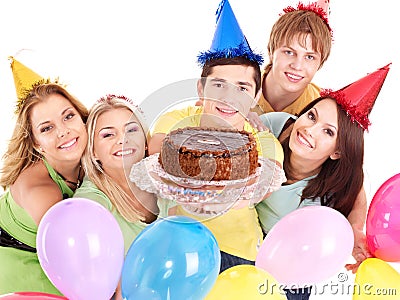Group people giving cake. Stock Photo
