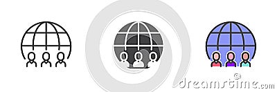 Group of people and globe different style icon set Cartoon Illustration